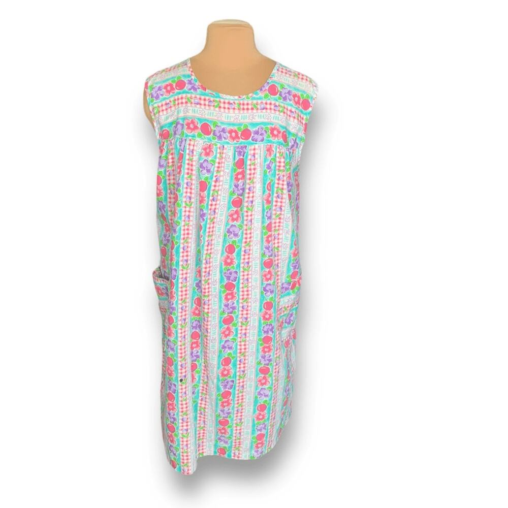 Vintage Floral Gingham House Dress Sleeveless Pockets Pastel Fruit‎ Print Picnic